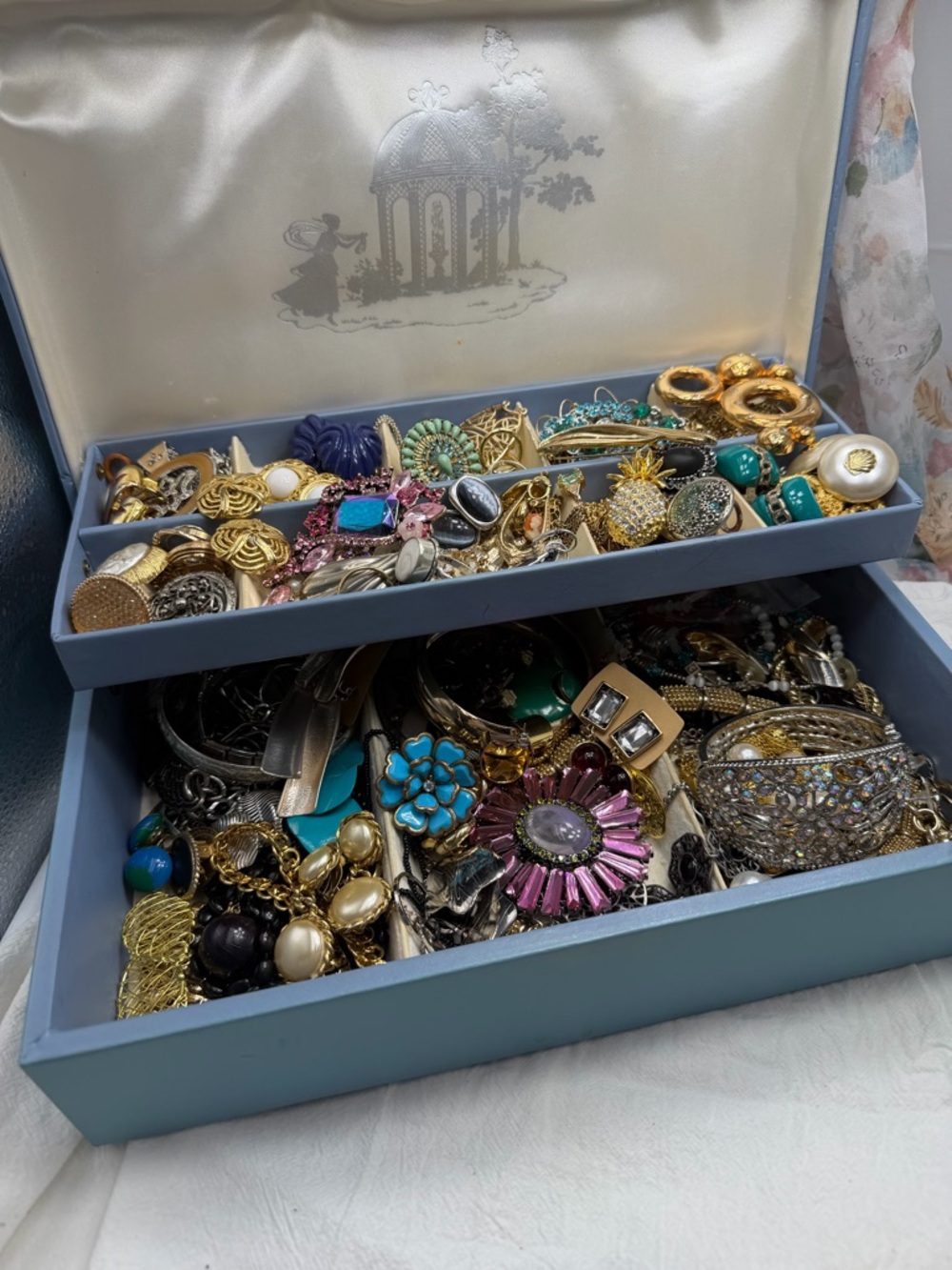 Vintage Buxton Powder blue box with Floral and Gemstone Jewelry